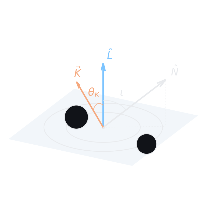 Sketch of a binary black hole reference frame with orbital angular momentum, line of sight, kick direction and the angles between them